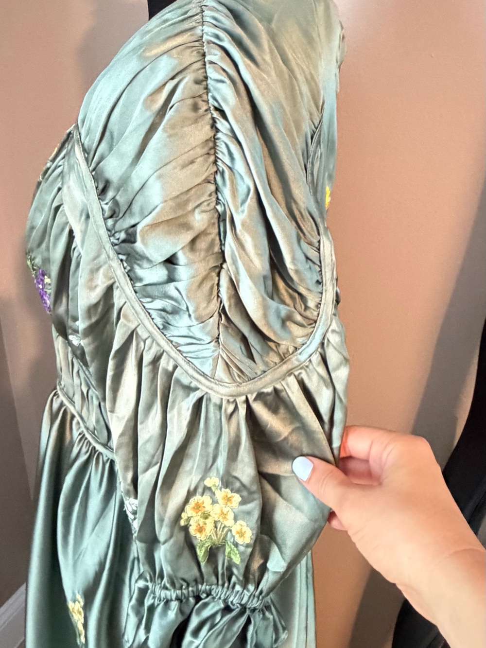 ASOS DESIGN Embroidered Bodice Satin Bias Maxi Dress - Olive / Sage Green US 8 - Picture 6 of 12